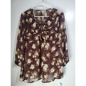 Sabrina Lauren XL Brown Gold Floral Ruffle Boho Festival Top Fairy Whimsy Sheer